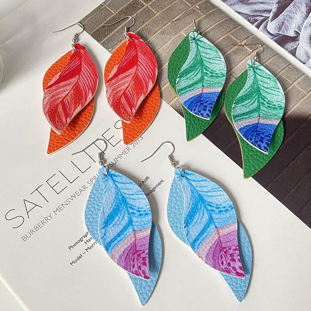 Leather Sshaped Feather Print Earrings For Women - Image 3