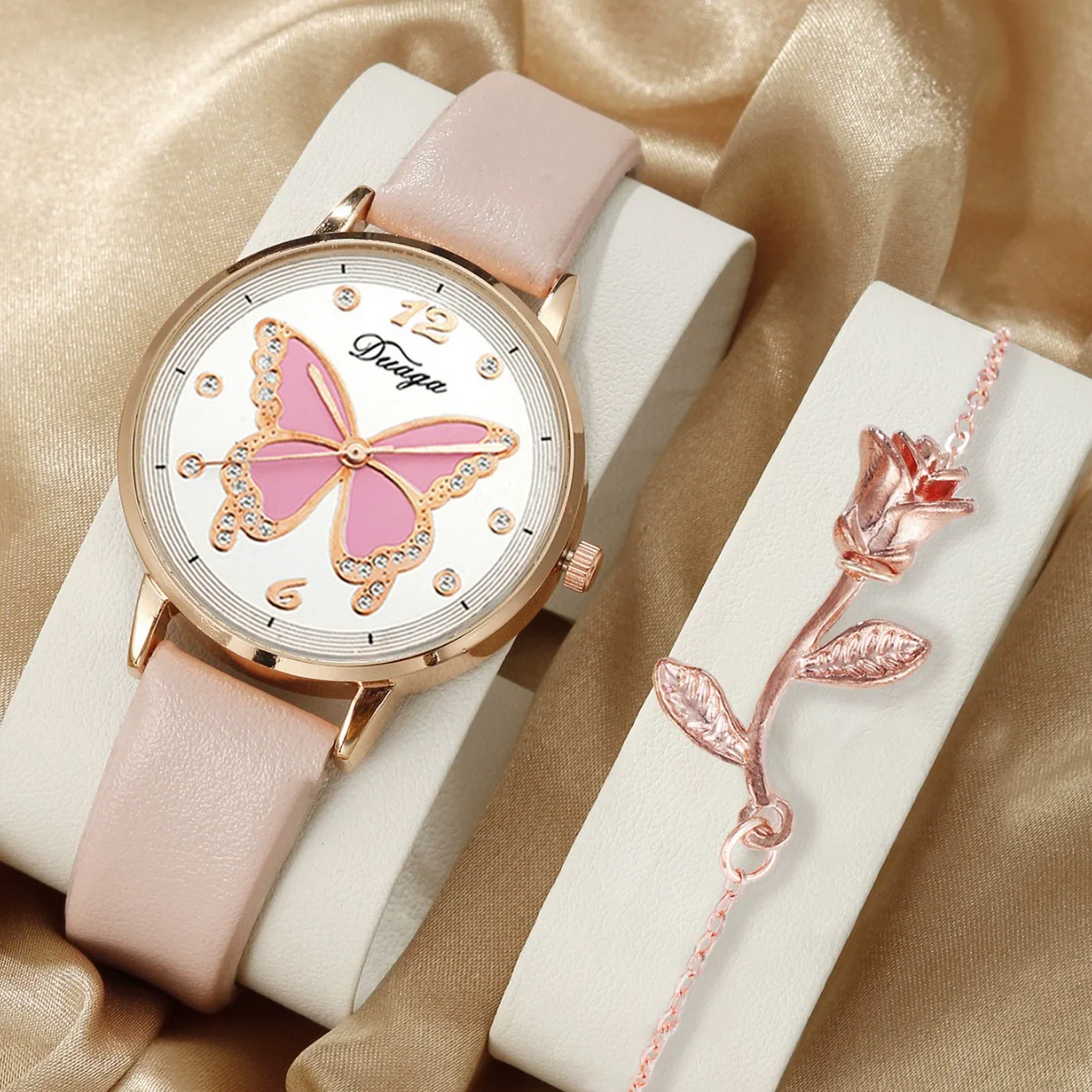 Leisure Butterfly Round Student Watch With Imitation Leather Strap And Stainless Steel Buckle - Image 2
