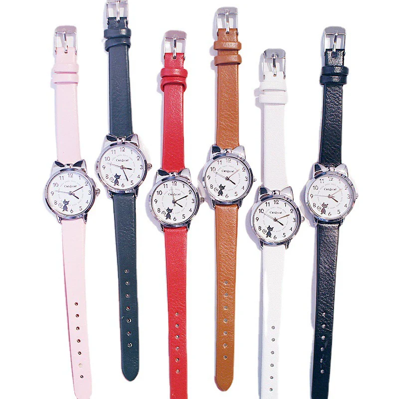 Leisure Female Alloy Ordinary Glass Mirror Pin Buckle Imitation Leather Quartz Watch With Round Dial And Kitten Ears Flower Design - Image 4