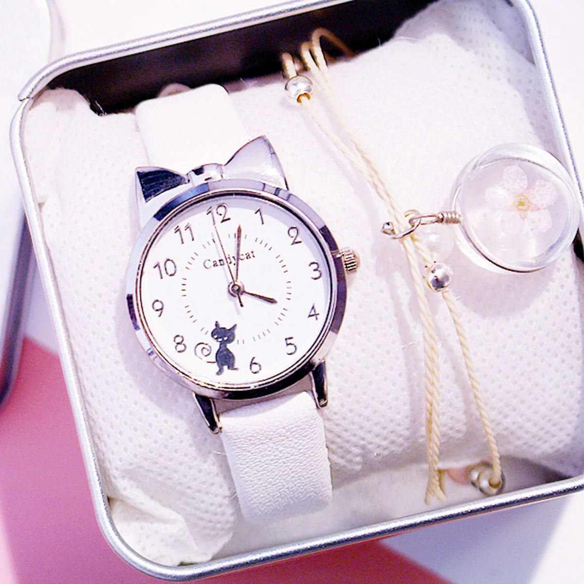 Leisure Female Alloy Ordinary Glass Mirror Pin Buckle Imitation Leather Quartz Watch With Round Dial And Kitten Ears Flower Design - Image 5