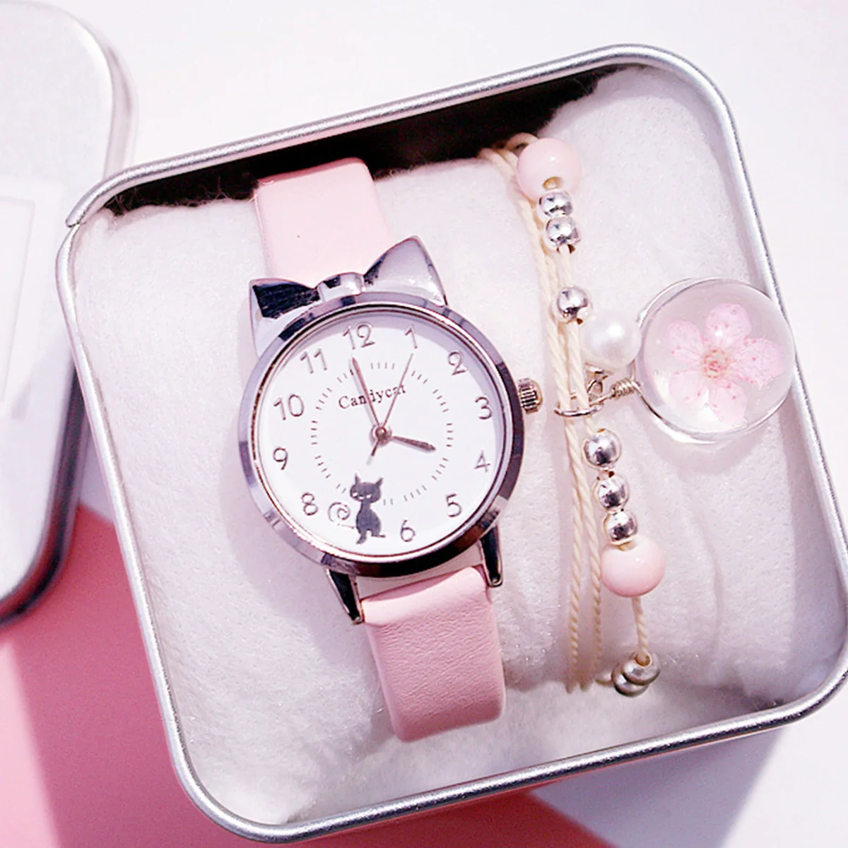 Leisure Female Alloy Ordinary Glass Mirror Pin Buckle Imitation Leather Quartz Watch With Round Dial And Kitten Ears Flower Design - Image 9