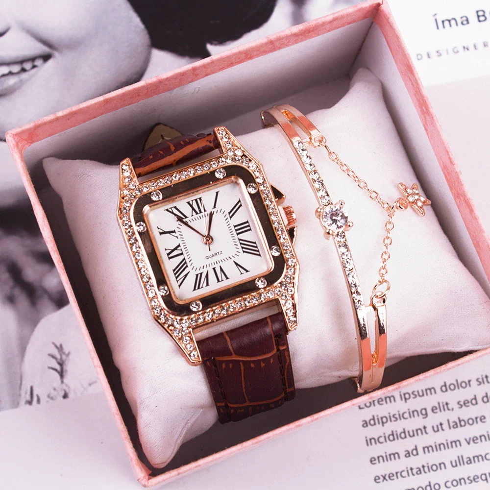 Leisure Female Watch Set With Alloy Case Genuine Leather Strap And Round Dial - Image 7
