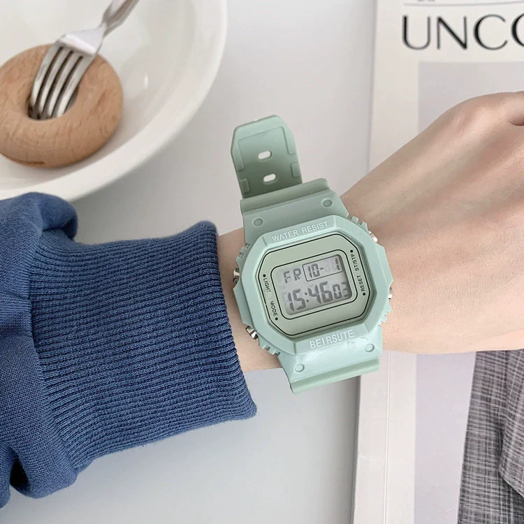 Leisure Plastic And Silicone Square Couple Electronic Watch Multifunctional Luminous Digital
