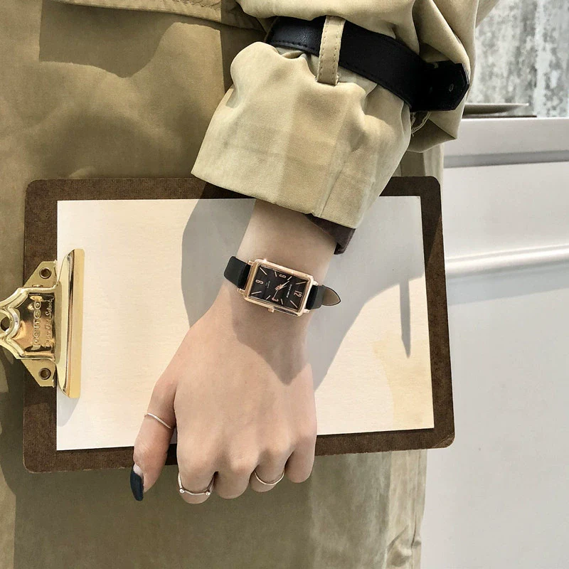 Leisure Quartz Belt Watch For Female Middle School Students Alloy Case Pu Strap Rectangle Dial - Image 4