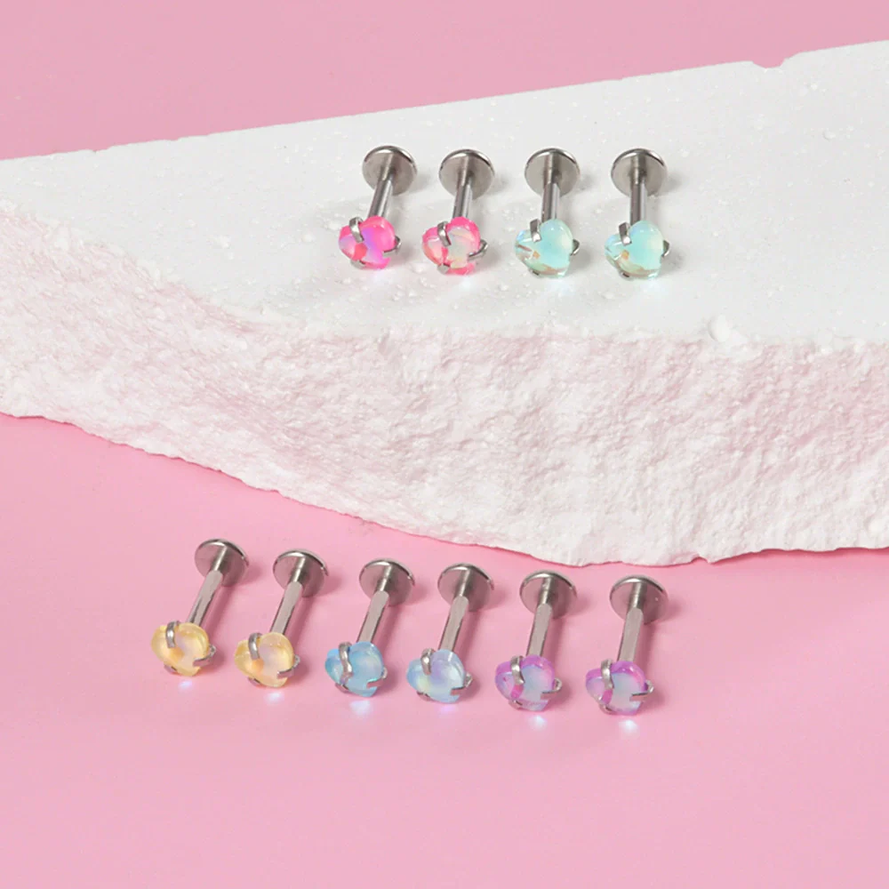 Lip Ring Stainless Steel Heartshaped Glitter Film Stone Oil Process Dark Love Pink And Blue - Image 3