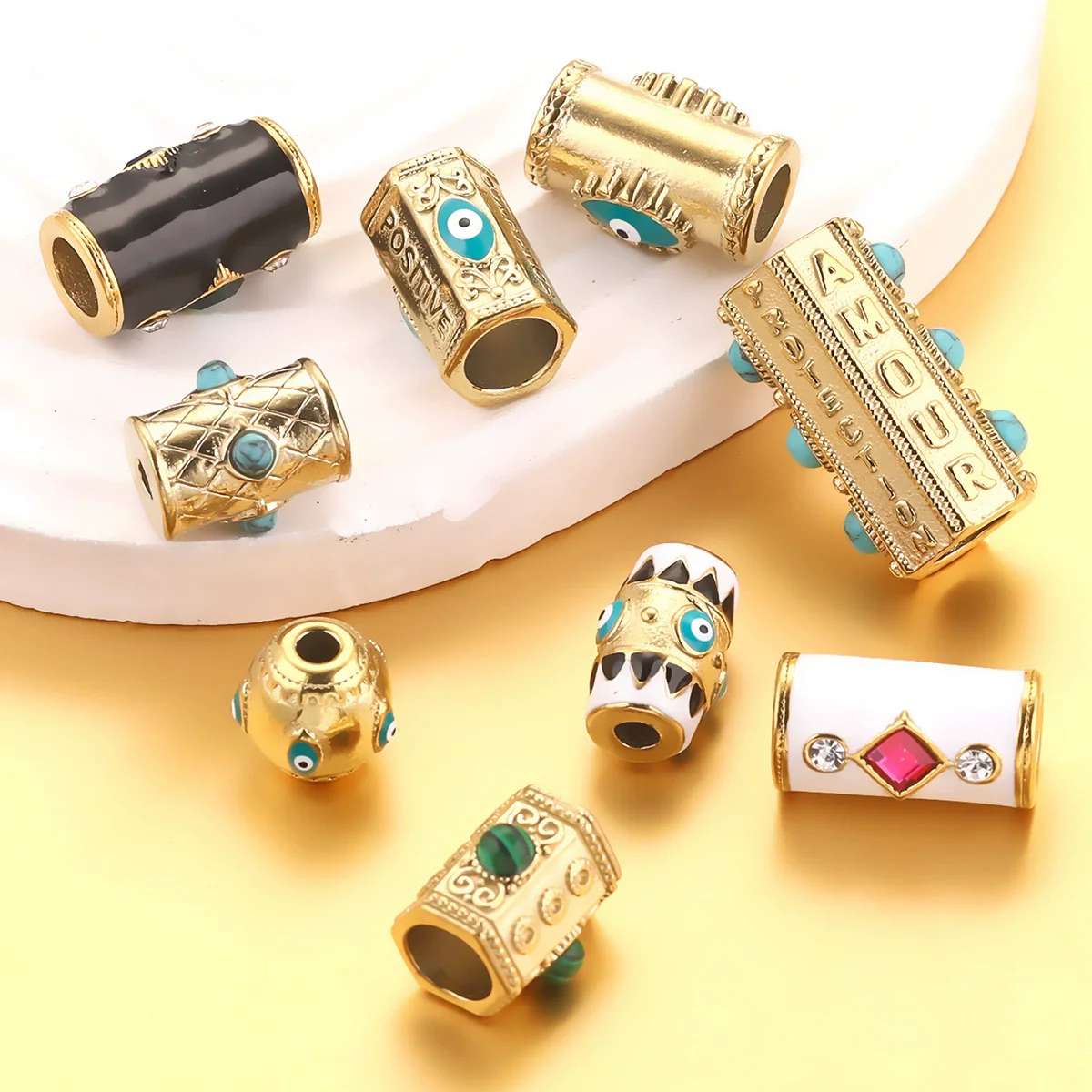 Loose Beads Stainless Steel Natural Stone Doublesided Enamel Oil Eye 18K Gold Vacuum Plated Eight Eyes Drum Beads - Image 3
