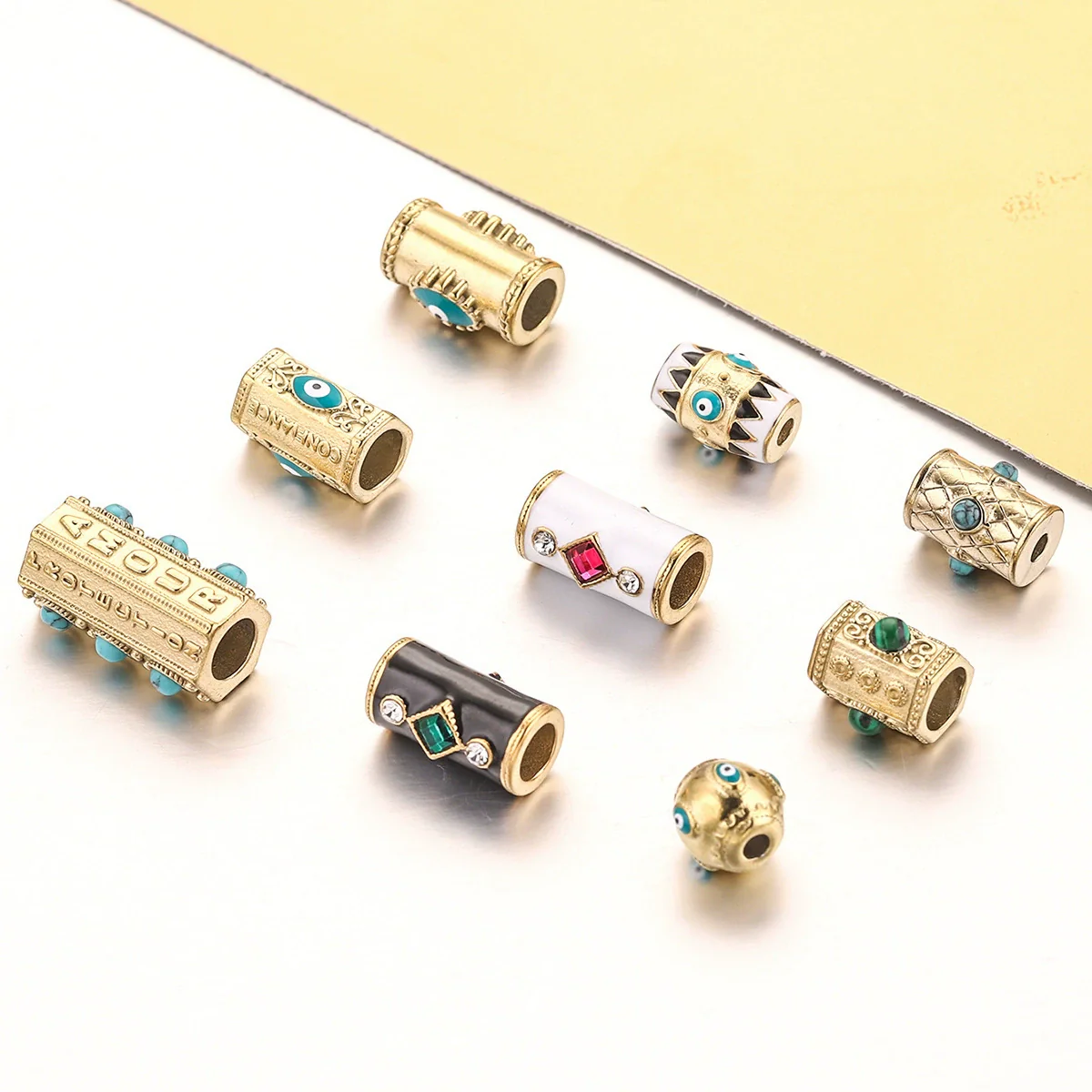 Loose Beads Stainless Steel Natural Stone Doublesided Enamel Oil Eye 18K Gold Vacuum Plated Eight Eyes Drum Beads - Image 4