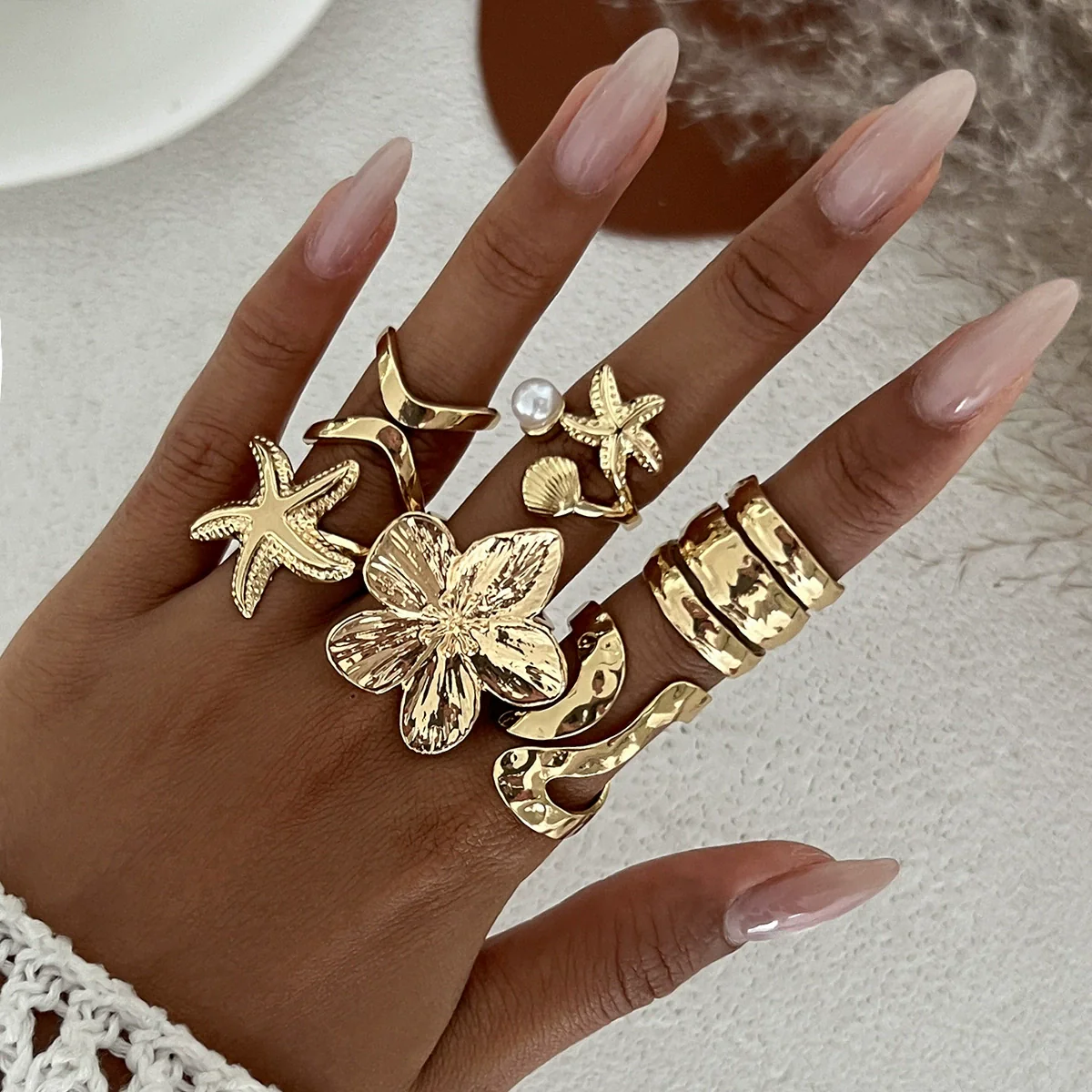Marine Wind Conch Shell Ring Metal Flower Geometric Electroplated For Women - Image 4
