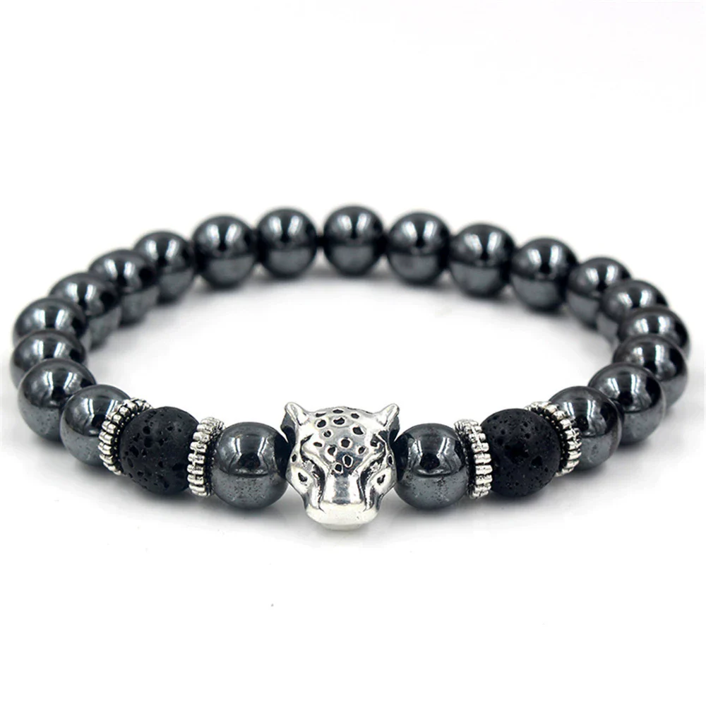 Men's Alloy And Blackstone Handmade Animals And Zodiac Style Bracelet With Lion Head Leopard Head Crown Owl Helmet Spacer And Volcanic Stone - Image 2