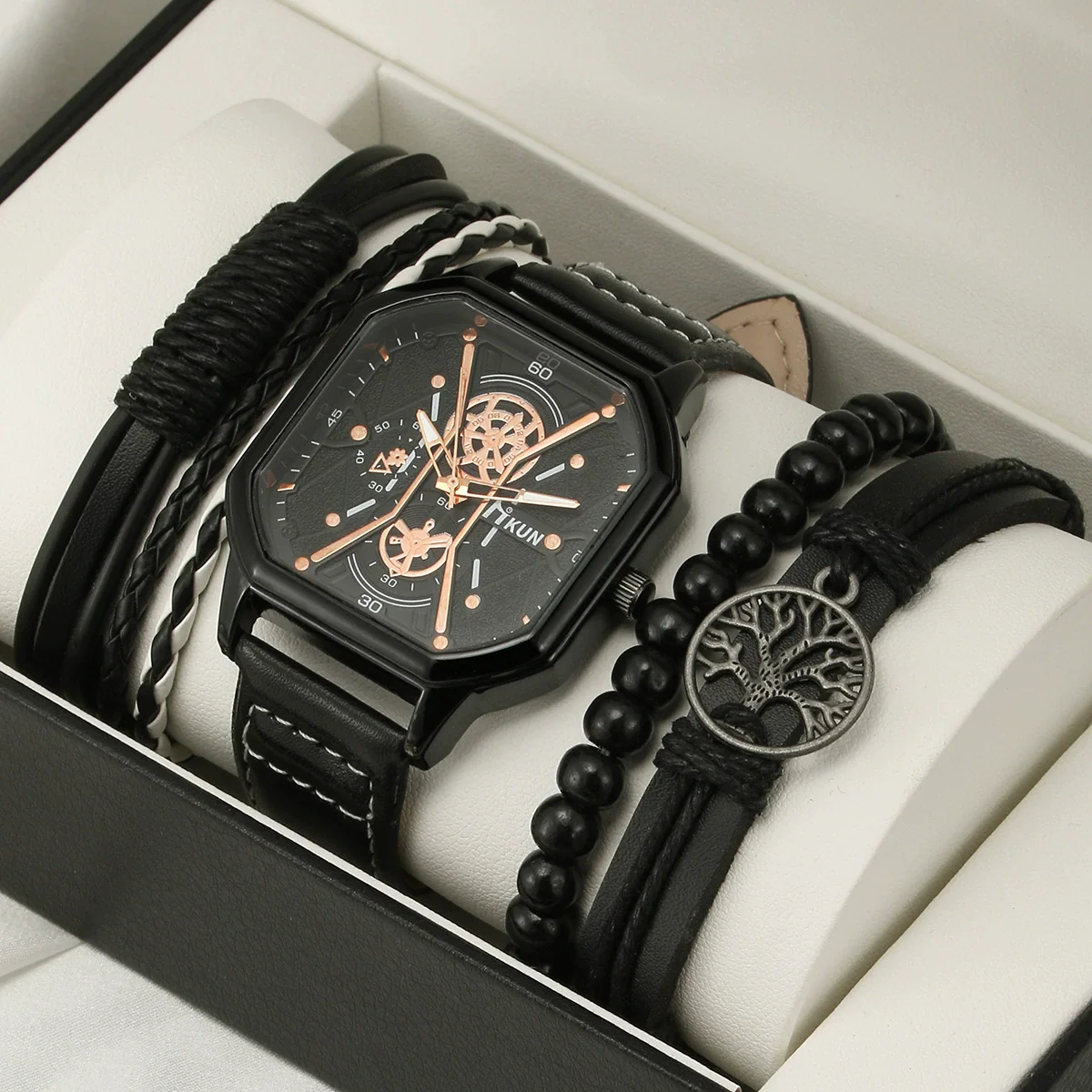 Men's Alloy And Imitation Leather Square Double Layer Shell Sports Casual Bracelet Set Quartz Watch