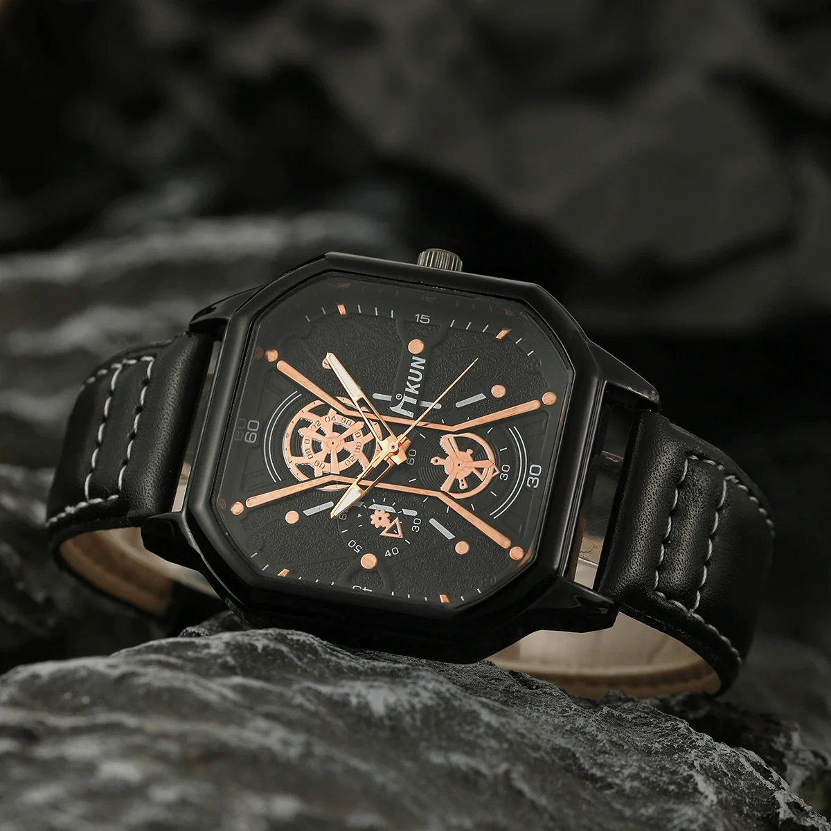 Men's Alloy And Imitation Leather Square Double Layer Shell Sports Casual Bracelet Set Quartz Watch - Image 2