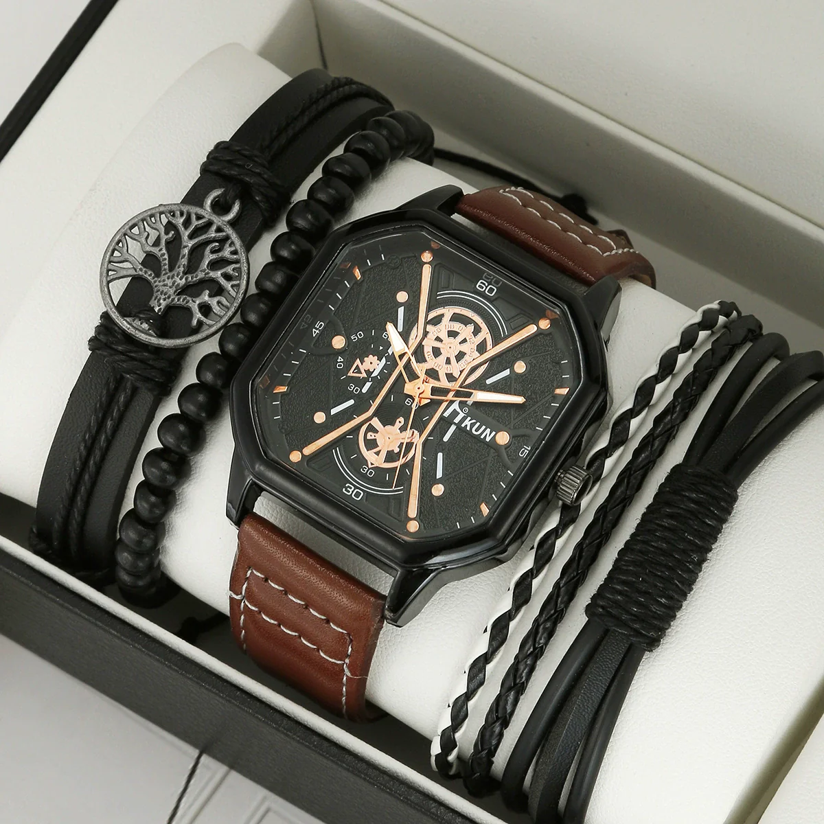 Men's Alloy And Imitation Leather Square Double Layer Shell Sports Casual Bracelet Set Quartz Watch - Image 4