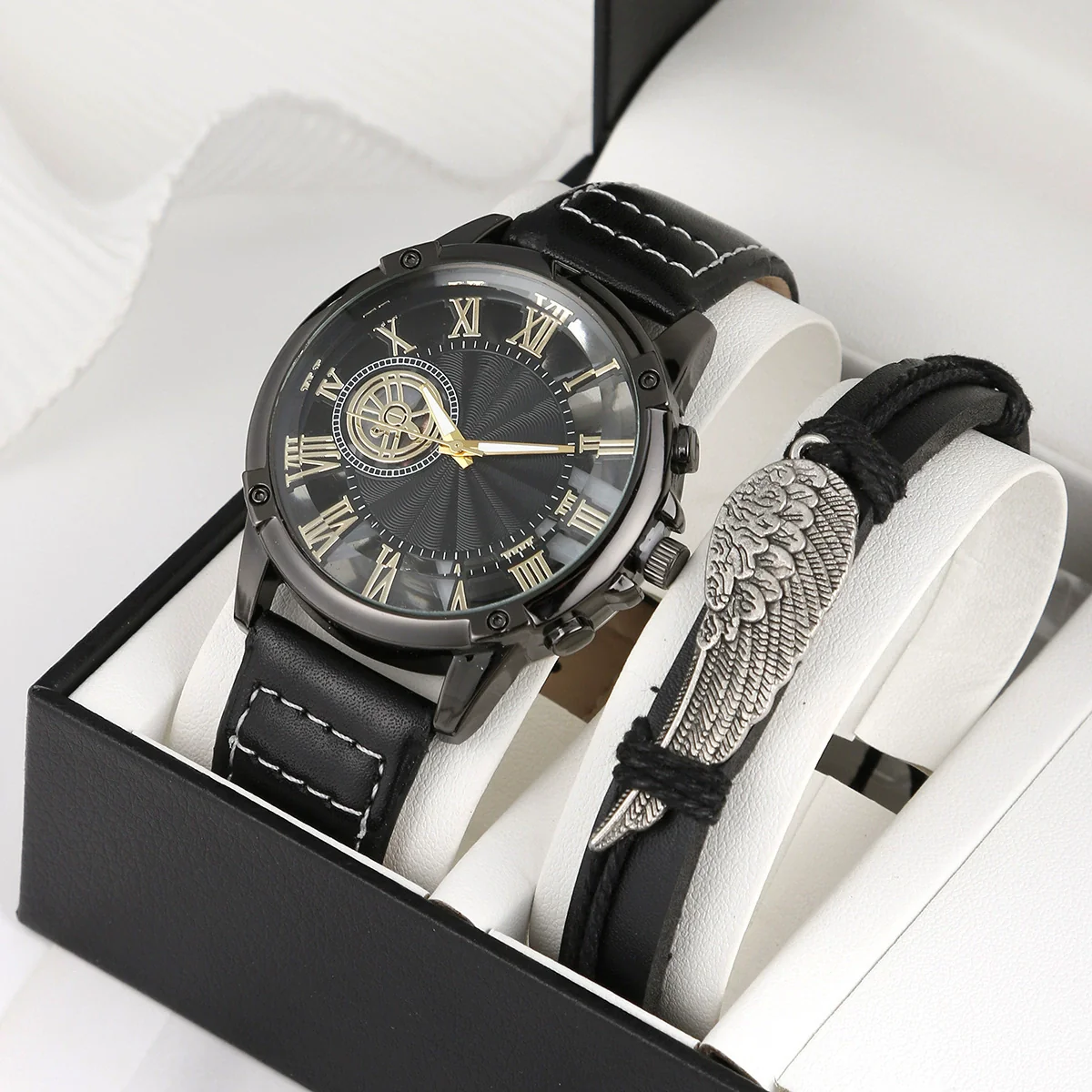 Men's Alloy And Imitation Leather Wings Bracelet Set With Round Dial Quartz Watch Simple Sports Style