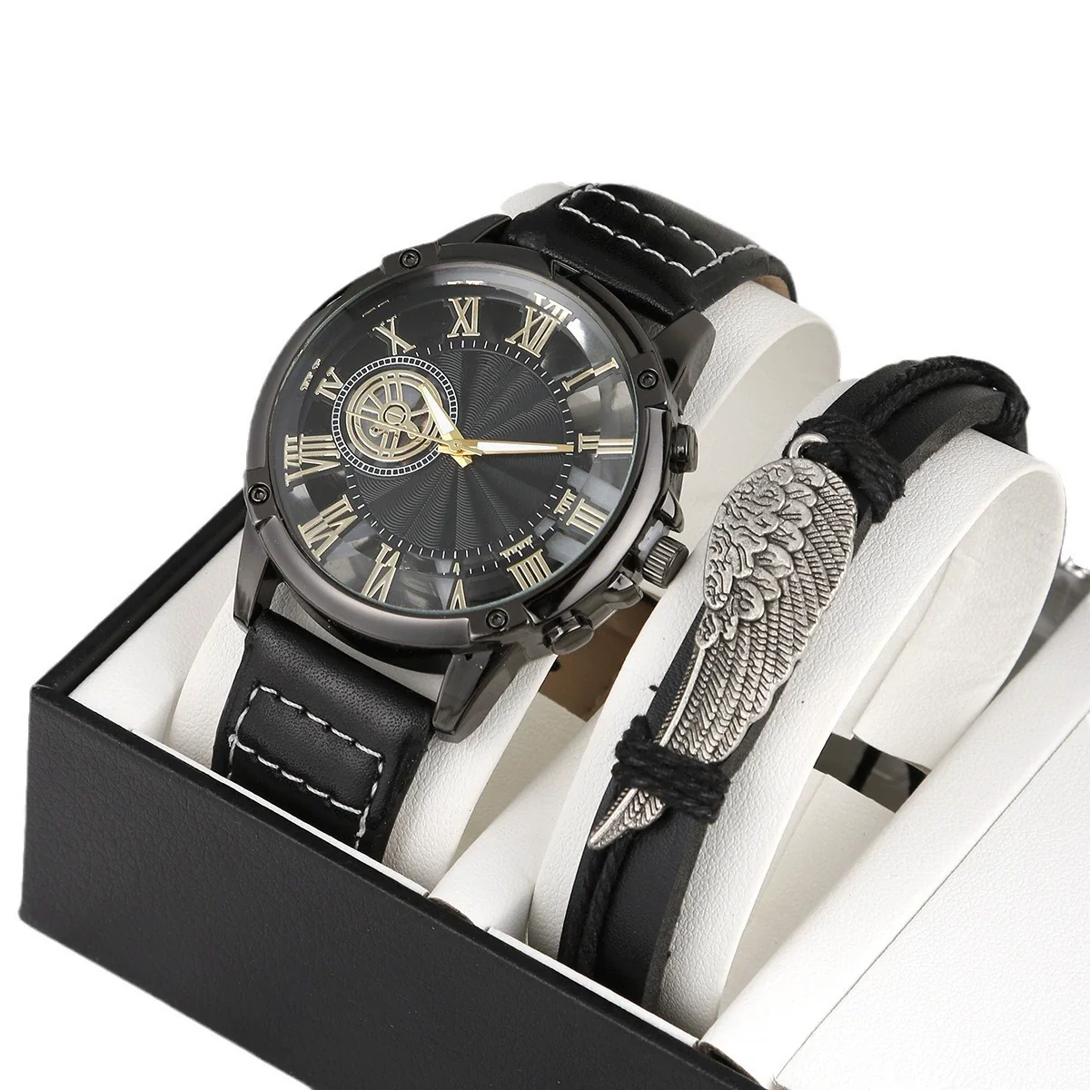 Men's Alloy And Imitation Leather Wings Bracelet Set With Round Dial Quartz Watch Simple Sports Style - Image 5