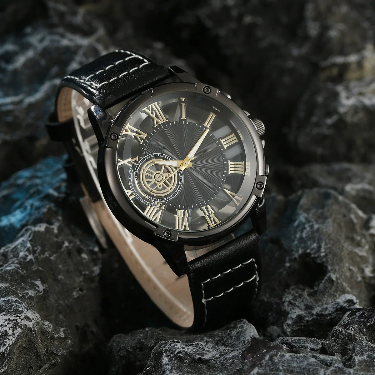 Men's Alloy And Imitation Leather Wings Bracelet Set With Round Dial Quartz Watch Simple Sports Style - Image 6