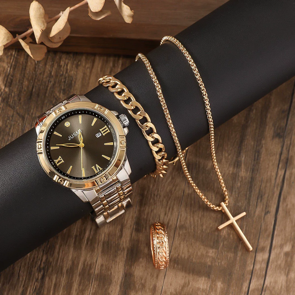 Men's Alloy And Stainless Steel Business Style Round Dial Quartz Watch And Ring Cross Necklace Bracelet - Image 13