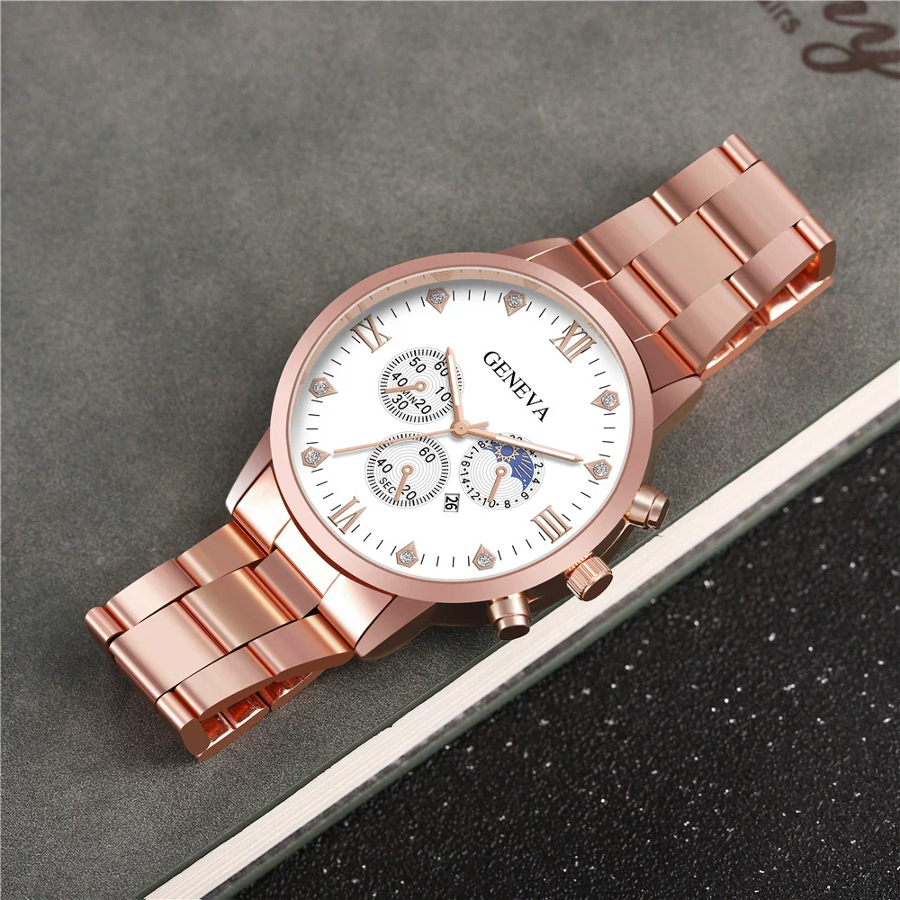 Men's Alloy Band Business Style Round Dial Quartz Watch With Sun Moon And Stars And Roman Numerals