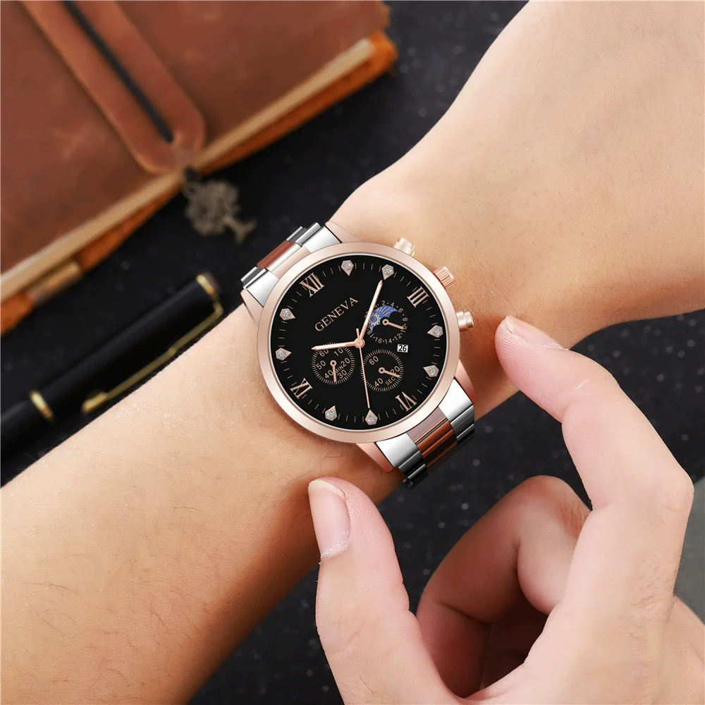 Men's Alloy Band Business Style Round Dial Quartz Watch With Sun Moon And Stars And Roman Numerals - Image 4