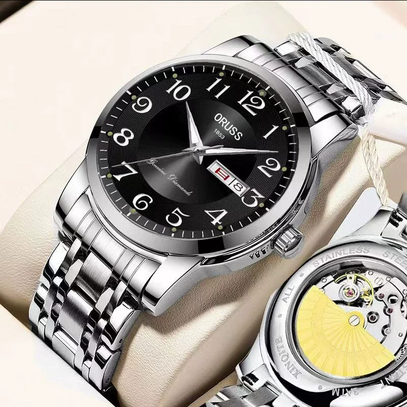 Men's Alloy Band Round Dial Fashion Trend Automatic Fake Mechanical Waterproof Luminous Double Calendar Watch - Image 7