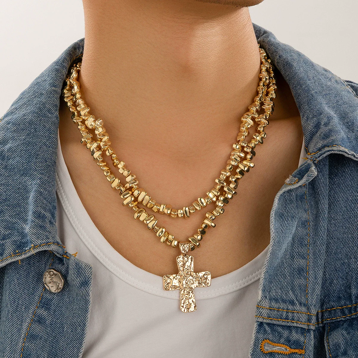 Men's Alloy Beaded Handmade Geometric Cross Shaped Pendant Necklace - Image 2
