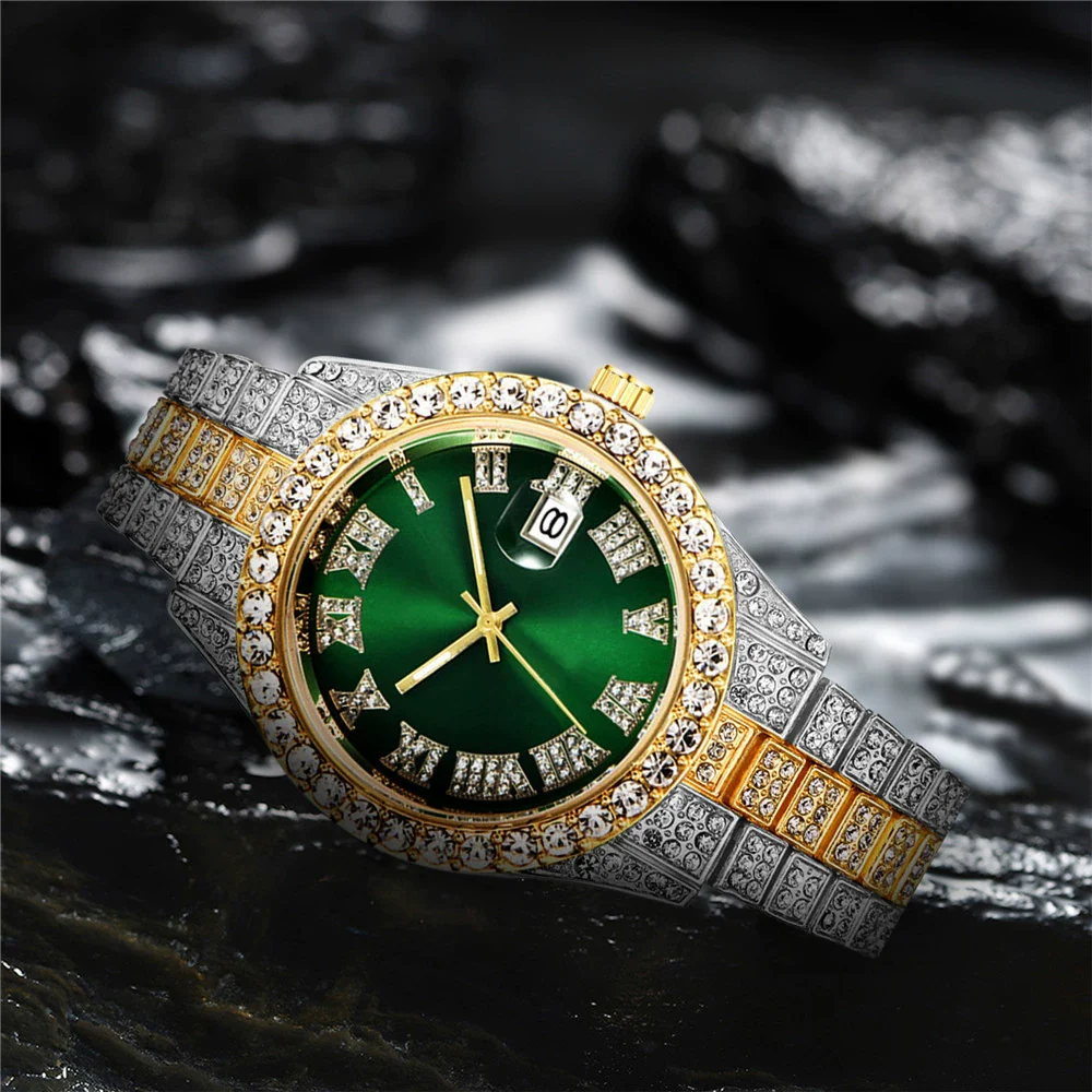 Men's Alloy Belt Quartz Watch Hiphop Business Style Round Dial With Calendar And Full Diamond Design - Image 2