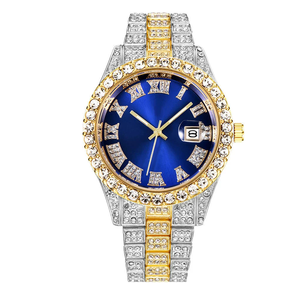 Men's Alloy Belt Quartz Watch Hiphop Business Style Round Dial With Calendar And Full Diamond Design - Image 3