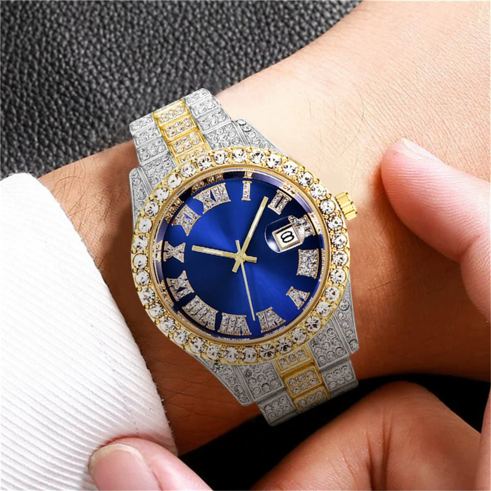 Men's Alloy Belt Quartz Watch Hiphop Business Style Round Dial With Calendar And Full Diamond Design - Image 4