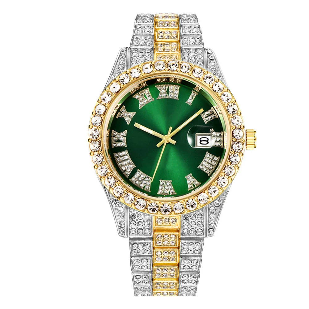 Men's Alloy Belt Quartz Watch Hiphop Business Style Round Dial With Calendar And Full Diamond Design - Image 7