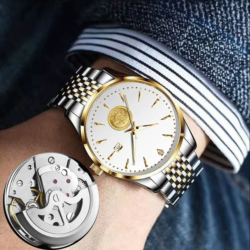 Men's Alloy Business Style Round Dial Smooth Fullautomatic Hollow Movement Luminous Calendar Tide Waterproof Watch - Image 4