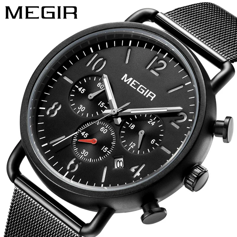 Men's Alloy Case Leather And Stainless Steel Strap Round Dial Quartz Sports Chronograph Calendar Watch With Printed Logo