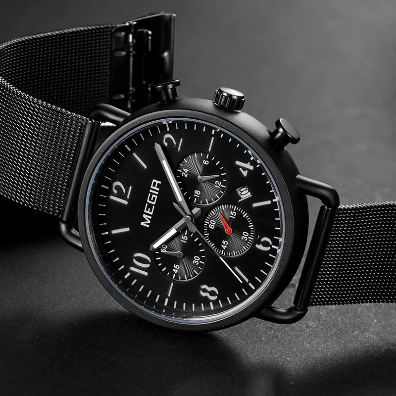 Men's Alloy Case Leather And Stainless Steel Strap Round Dial Quartz Sports Chronograph Calendar Watch With Printed Logo - Image 2