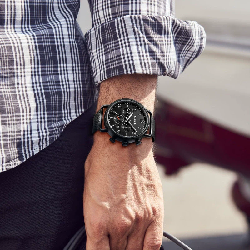 Men's Alloy Case Leather And Stainless Steel Strap Round Dial Quartz Sports Chronograph Calendar Watch With Printed Logo - Image 3