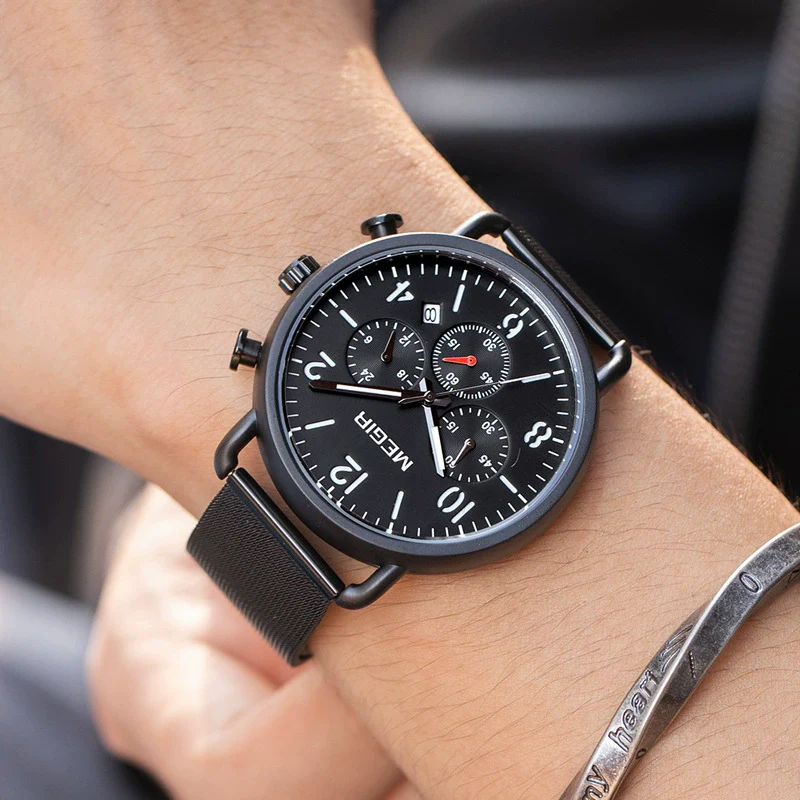 Men's Alloy Case Leather And Stainless Steel Strap Round Dial Quartz Sports Chronograph Calendar Watch With Printed Logo - Image 4