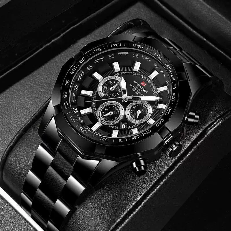 Men's Alloy Case Stainless Steel Band Quartz Watch With Spiral Crown Single Folding Buckle Business Style Round Dial Mineral Strengthened Glass Mirror - Image 2
