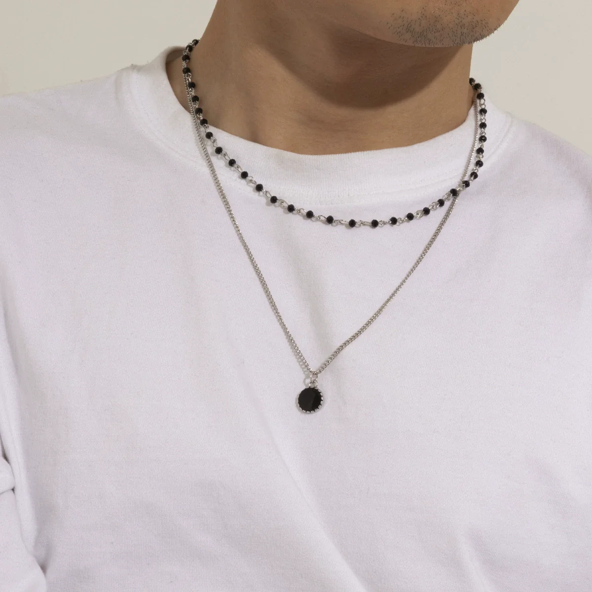 Men's Alloy Double Layer Stacked Black Rhinestone Imitation Gem Pendant Necklace With Geometric Pattern And Electroplating Treatment - Image 2