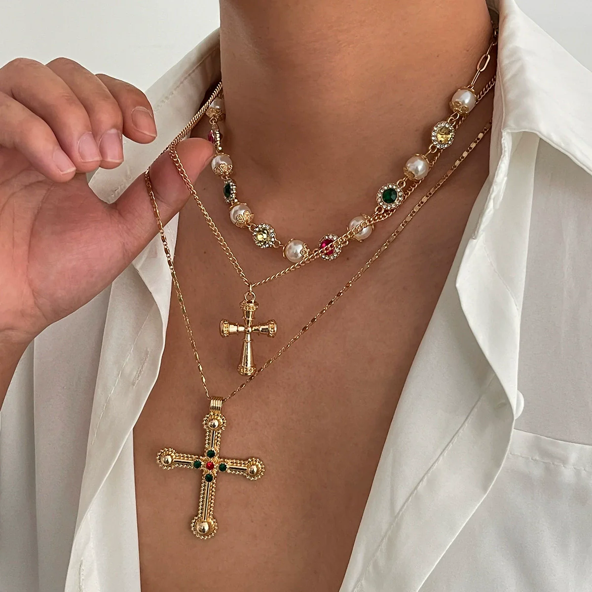 Men's Alloy Geometric Cross Handmade Diamond Pearl Clavicle Chain Jewelry - Image 2