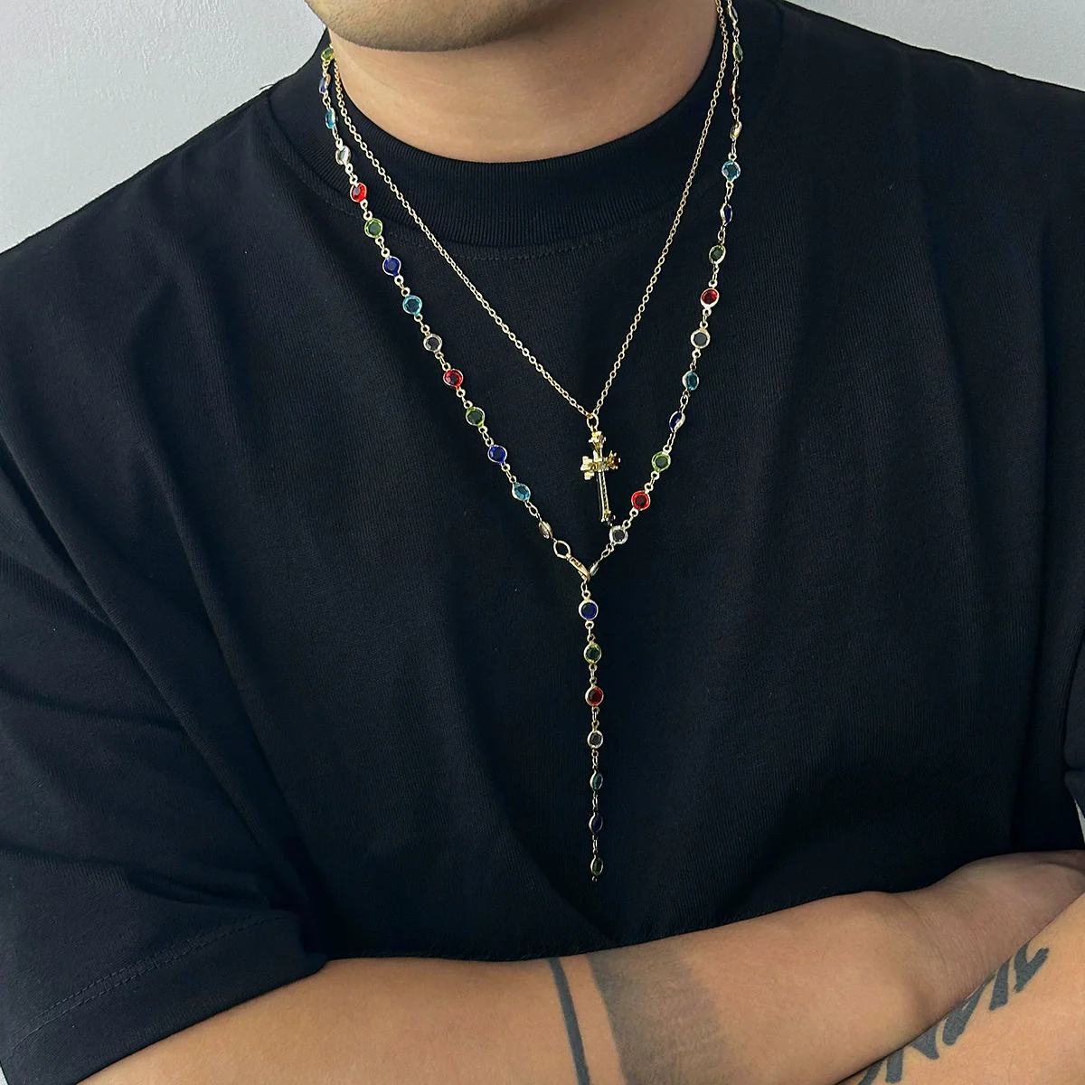 Men's Alloy Geometric Handmade Crystal Cross Pendant Necklace - Image 2