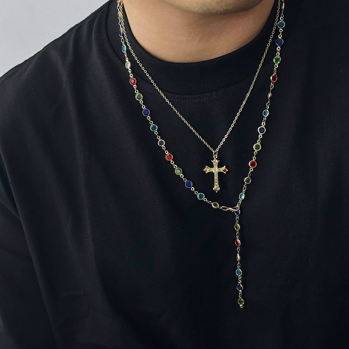 Men's Alloy Geometric Handmade Crystal Cross Pendant Necklace - Image 3