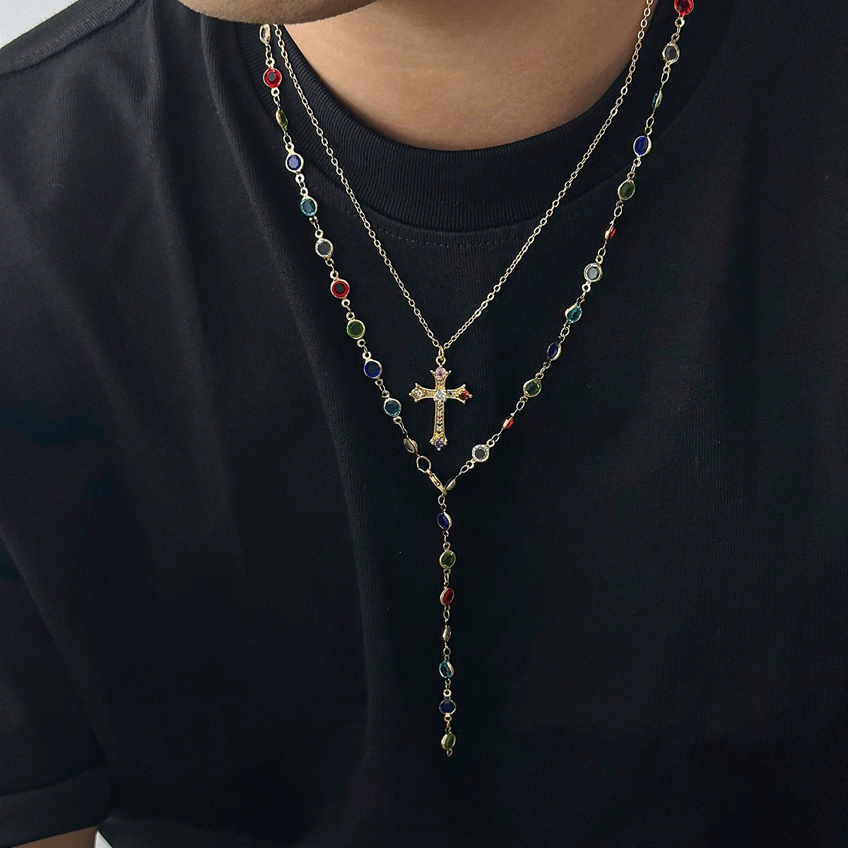 Men's Alloy Geometric Handmade Crystal Cross Pendant Necklace - Image 7