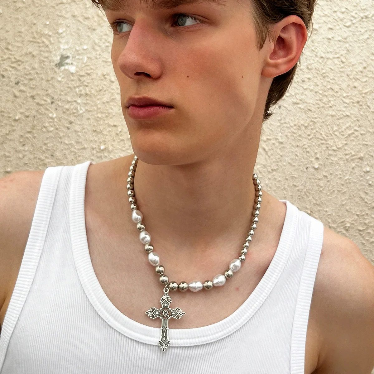 Men's Alloy Handmade Cross Pearl Necklace Hip Hop Trendy Street Fashion Jewelry - Image 2