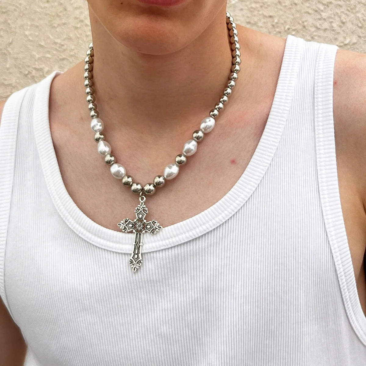 Men's Alloy Handmade Cross Pearl Necklace Hip Hop Trendy Street Fashion Jewelry - Image 3