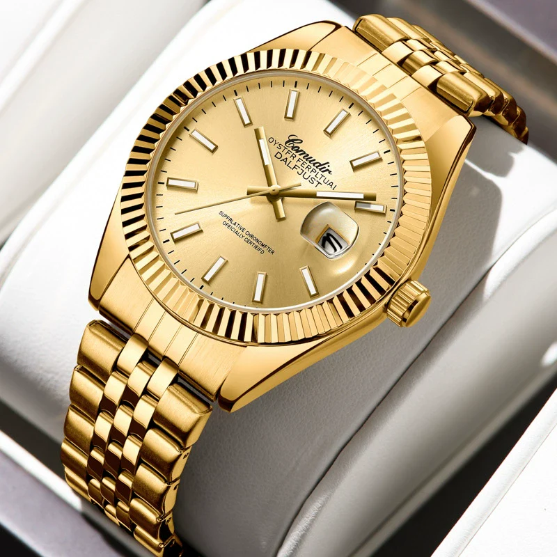 Men's Alloy Mechanical Watch With Luminous Calendar Waterproof Business Style Mineral Reinforced Glass Mirror Stainless Steel Belt Concealed Buckle Onion Crown