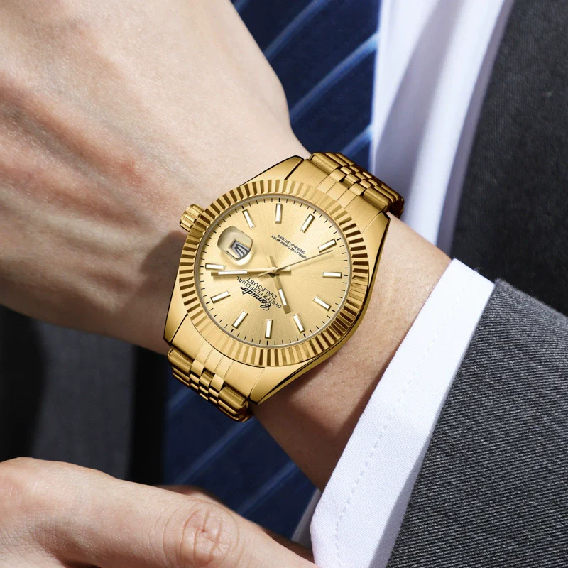 Men's Alloy Mechanical Watch With Luminous Calendar Waterproof Business Style Mineral Reinforced Glass Mirror Stainless Steel Belt Concealed Buckle Onion Crown - Image 2