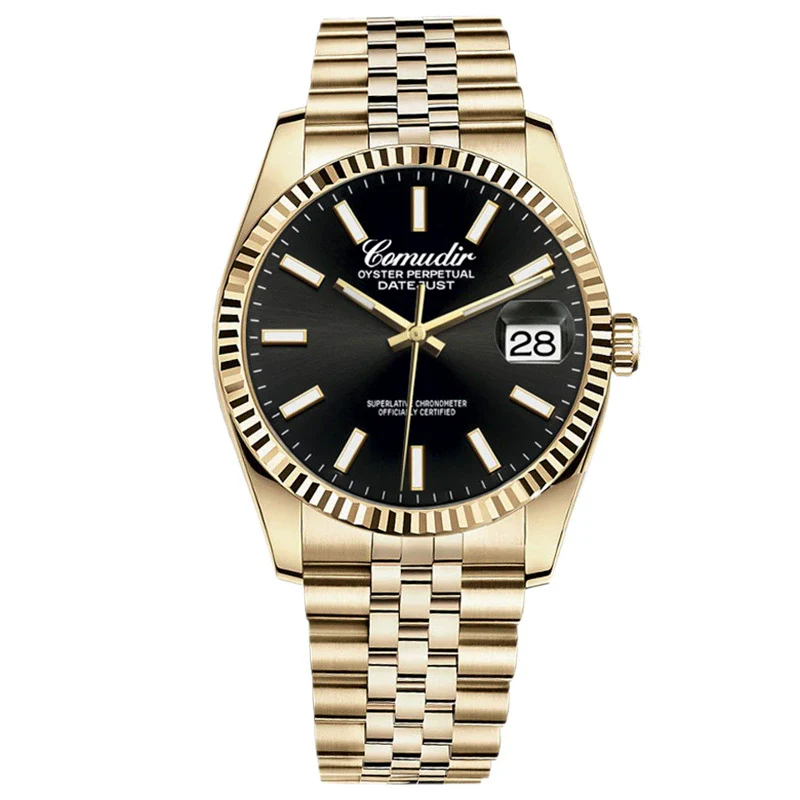 Men's Alloy Mechanical Watch With Luminous Calendar Waterproof Business Style Mineral Reinforced Glass Mirror Stainless Steel Belt Concealed Buckle Onion Crown - Image 4