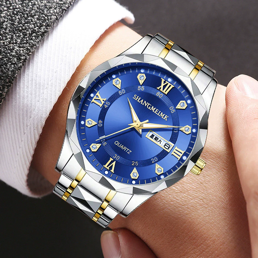 Men's Alloy Strap Quartz Watch With Rhombus Shape Digital Dial Rhinestone Calendar And Rose Gold Pin Buckle - Image 19