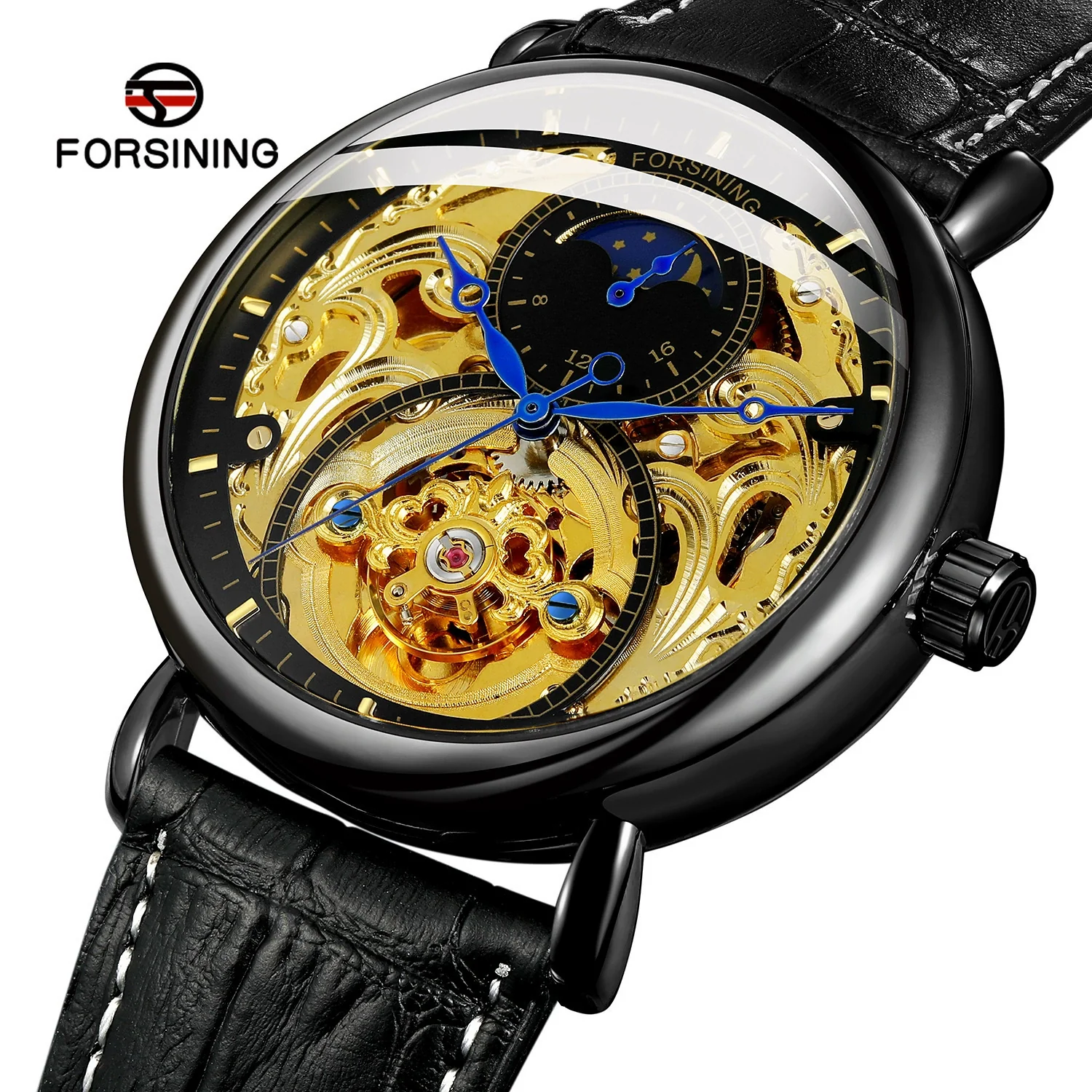 Men's Automatic Mechanical Watch Alloy Case Genuine Leather Strap Stainless Steel Clasp Round Dial Cut Out Transparent Bottom Leisure Style - Image 4