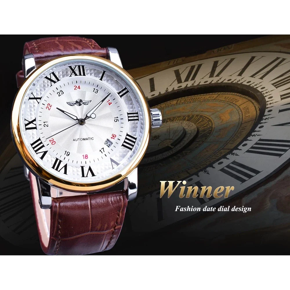Men's Automatic Mechanical Watch Alloy Case Imitation Leather Strap Round Dial Roman Numerals Business Style - Image 3