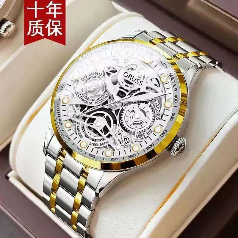 Men's Automatic Movement Hollow Calendar Luminous Alloy And Stainless Steel Round Wrist Watch With Spiral Crown And Single Folding Buckle - Image 8
