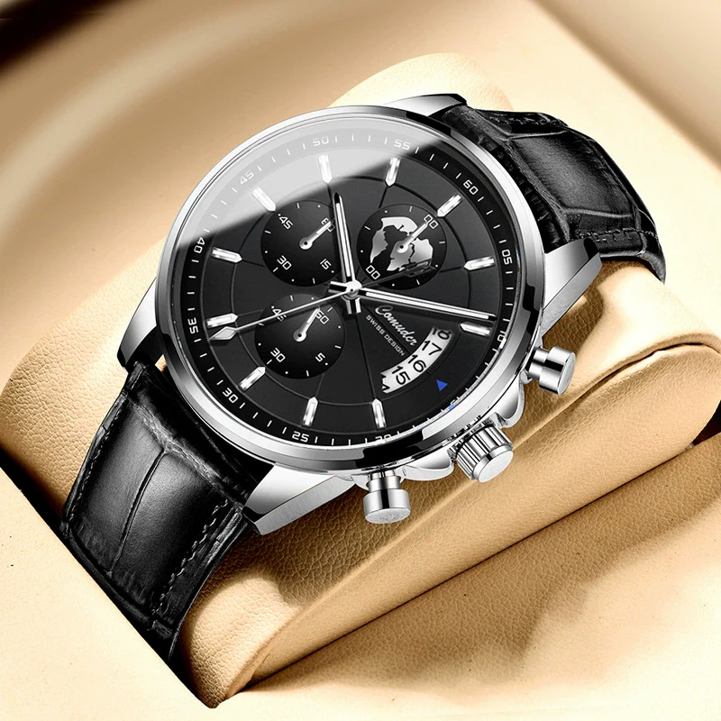 Men's Automatic Waterproof Luminous Calendar Alloy And Genuine Leather Watches With Round Dial And Onion Crown In Leisure Style