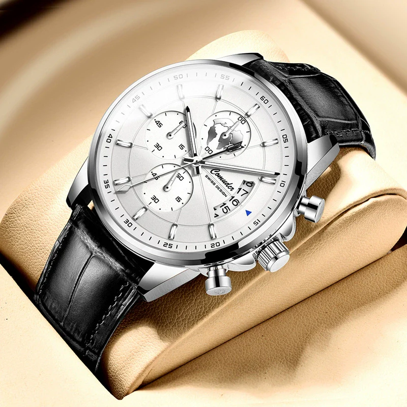 Men's Automatic Waterproof Luminous Calendar Alloy And Genuine Leather Watches With Round Dial And Onion Crown In Leisure Style - Image 2